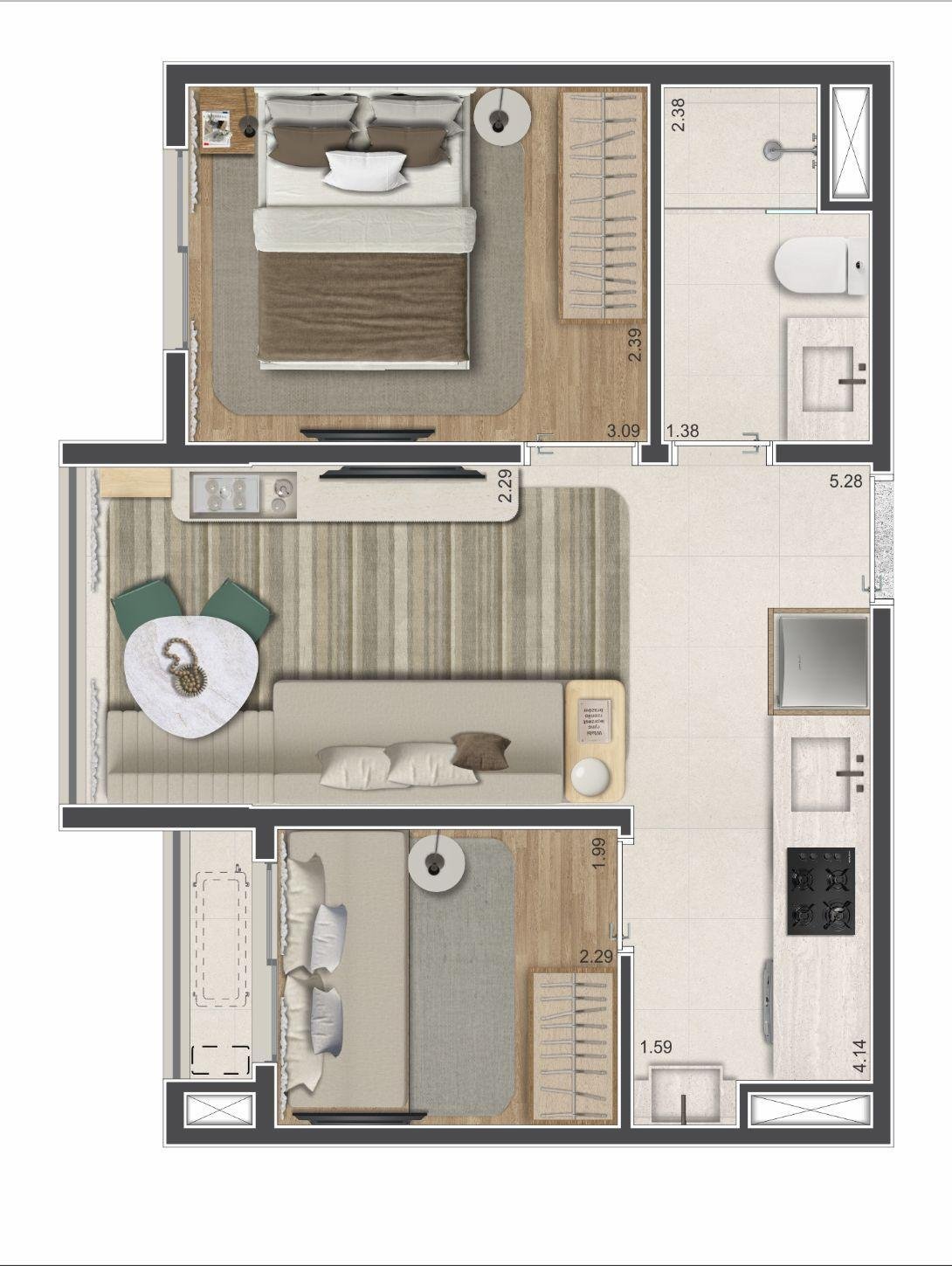 Planta 36 m² — Arkos Jardim Prudência (final 13)