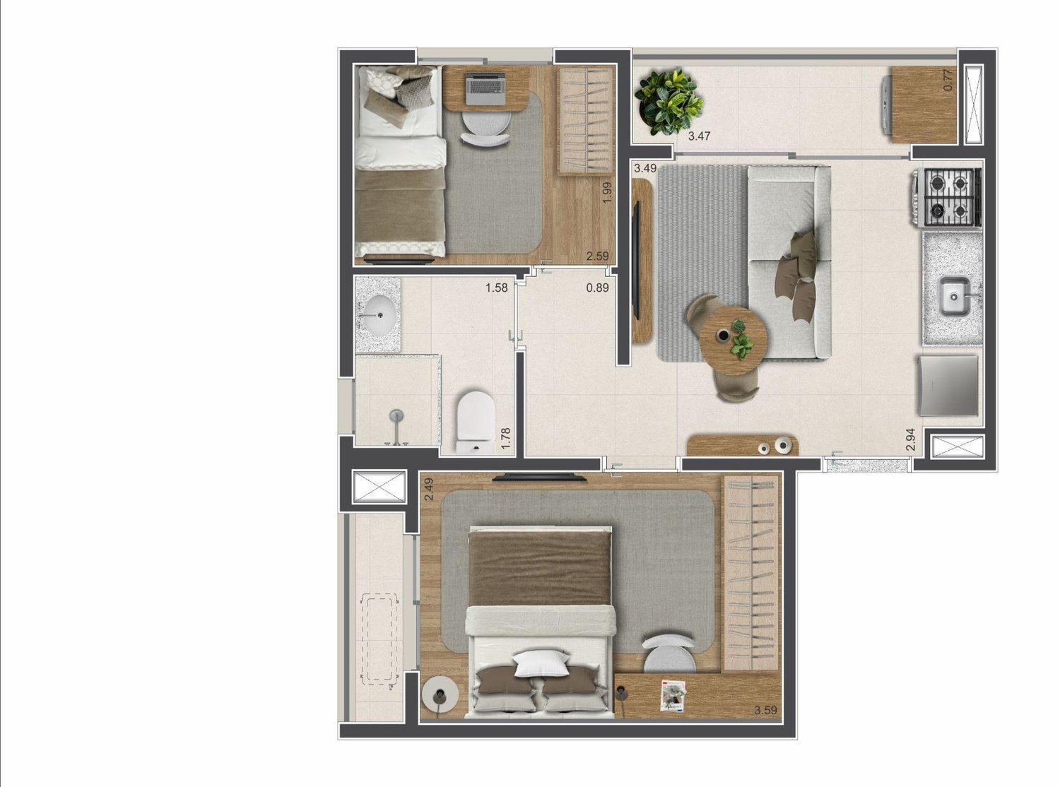 Planta 39 m² — Arkos Jardim Prudência (final 16)