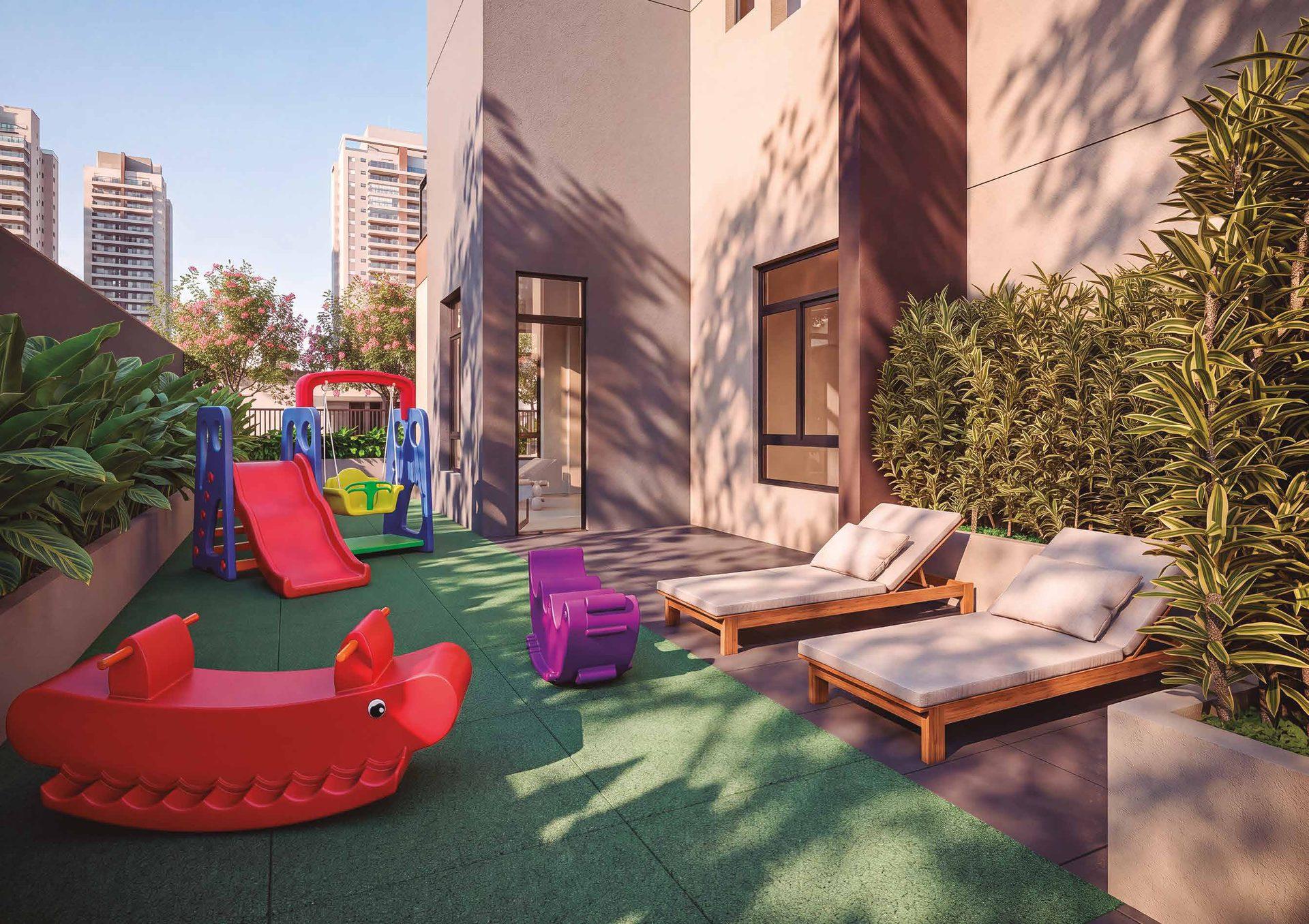 Playground infantil e solarium do Elysium, com espreguiçadeiras