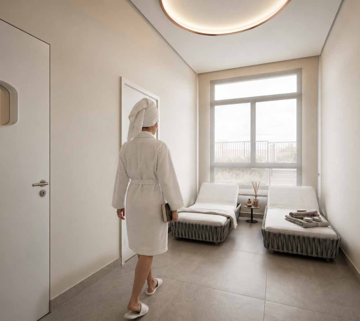 Espaço wellness do Elysium, com ducha, sauna seca e área de descanso