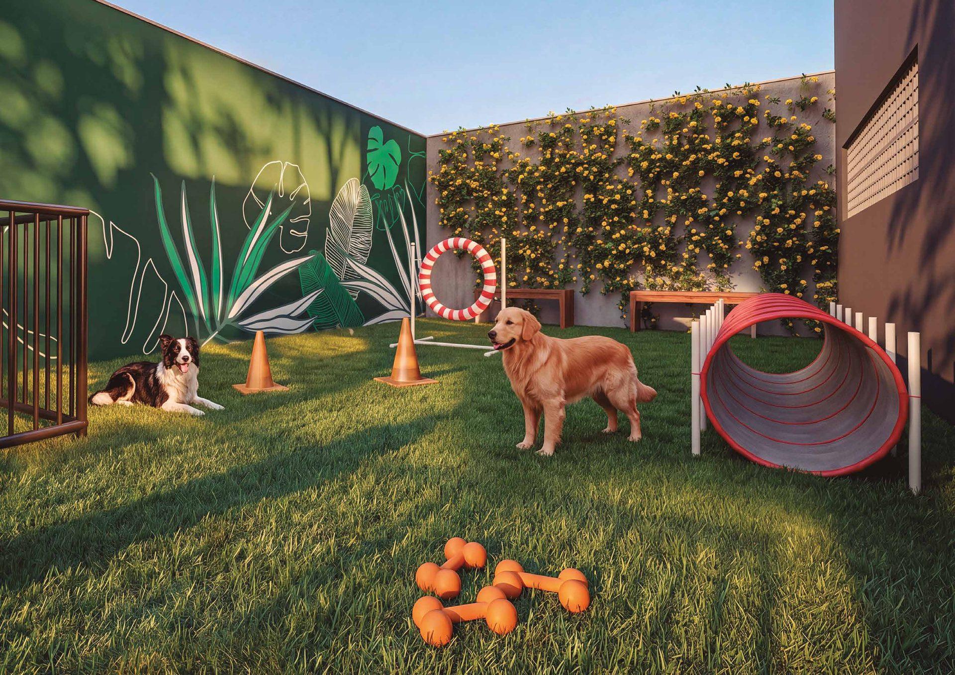 Espaço pet gramado do Elysium, com circuito de agility e jardim florido