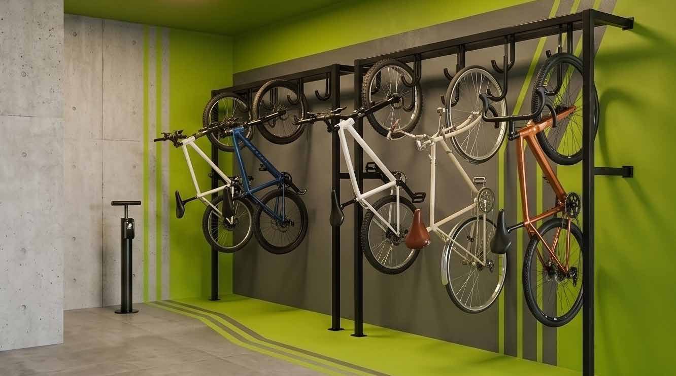 Bicicletário do Elysium, com suportes de parede e estação de reparo