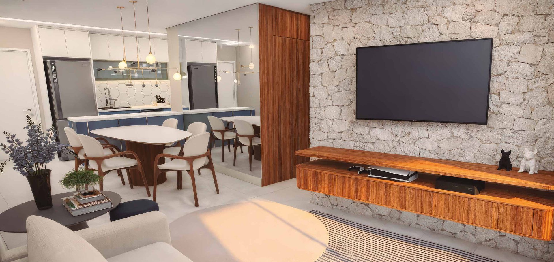 Living integrado do apartamento decorado do Elysium, com painel de pedra