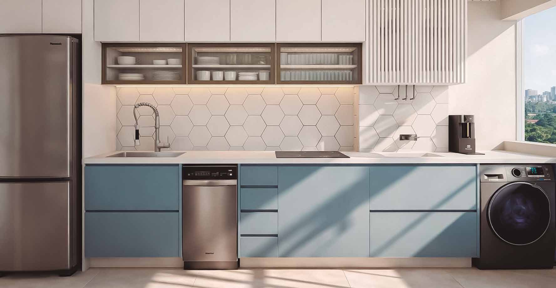 Cozinha do apartamento decorado do Elysium, com bancada e eletrodomésticos