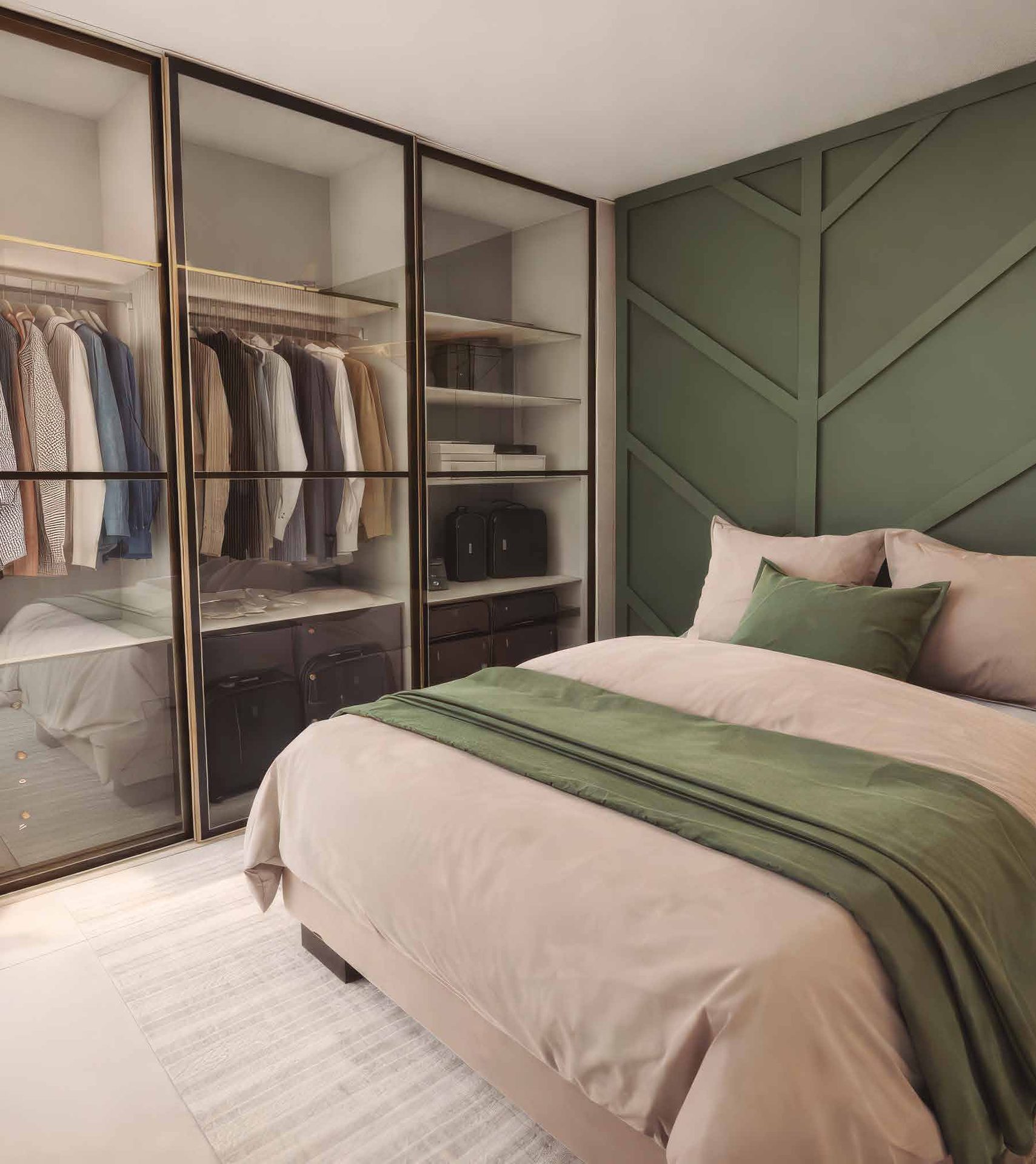 Suíte do apartamento decorado do Elysium, com closet e painel ripado