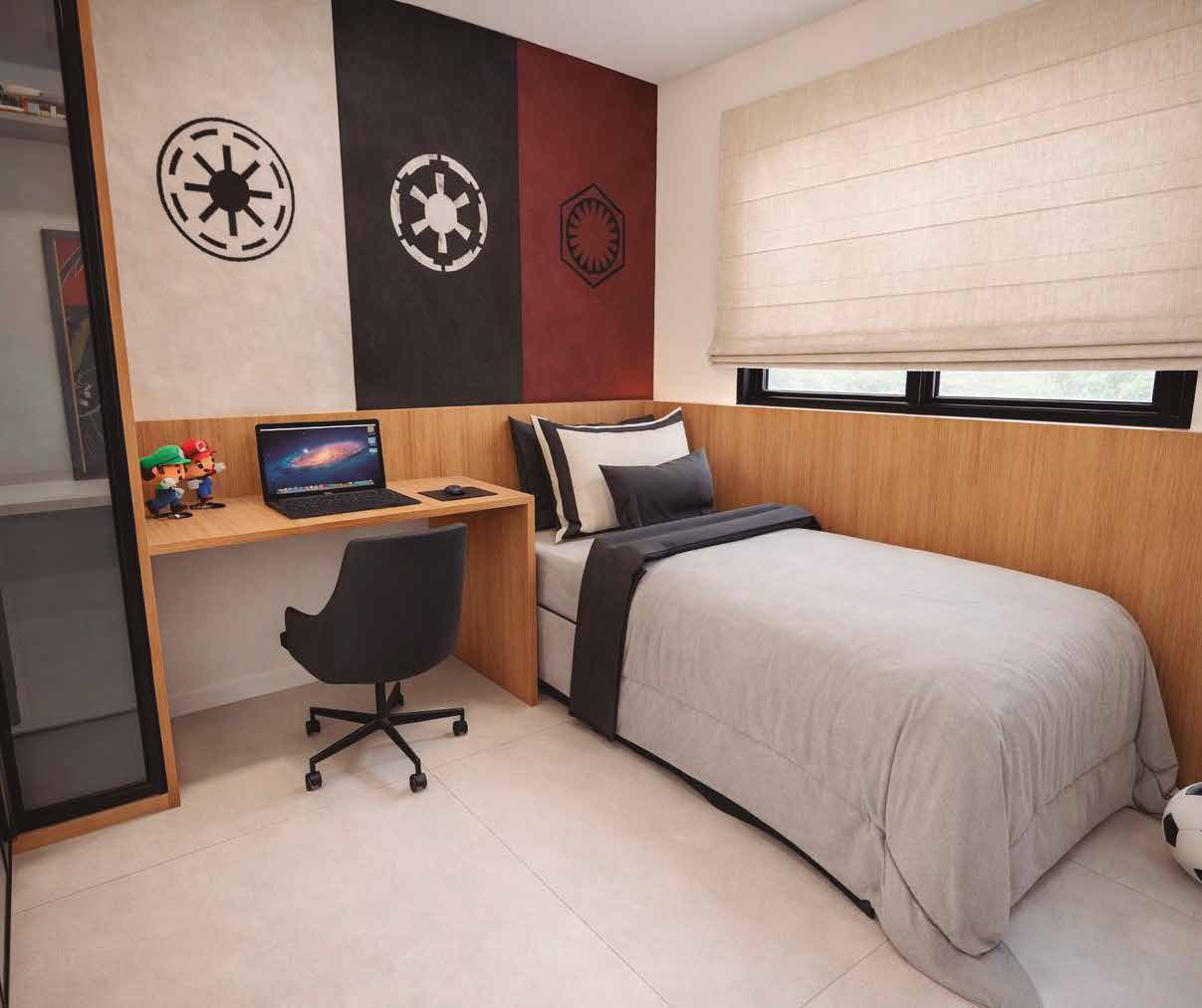 Segundo dormitório decorado do Elysium, com cama, escrivaninha e marcenaria