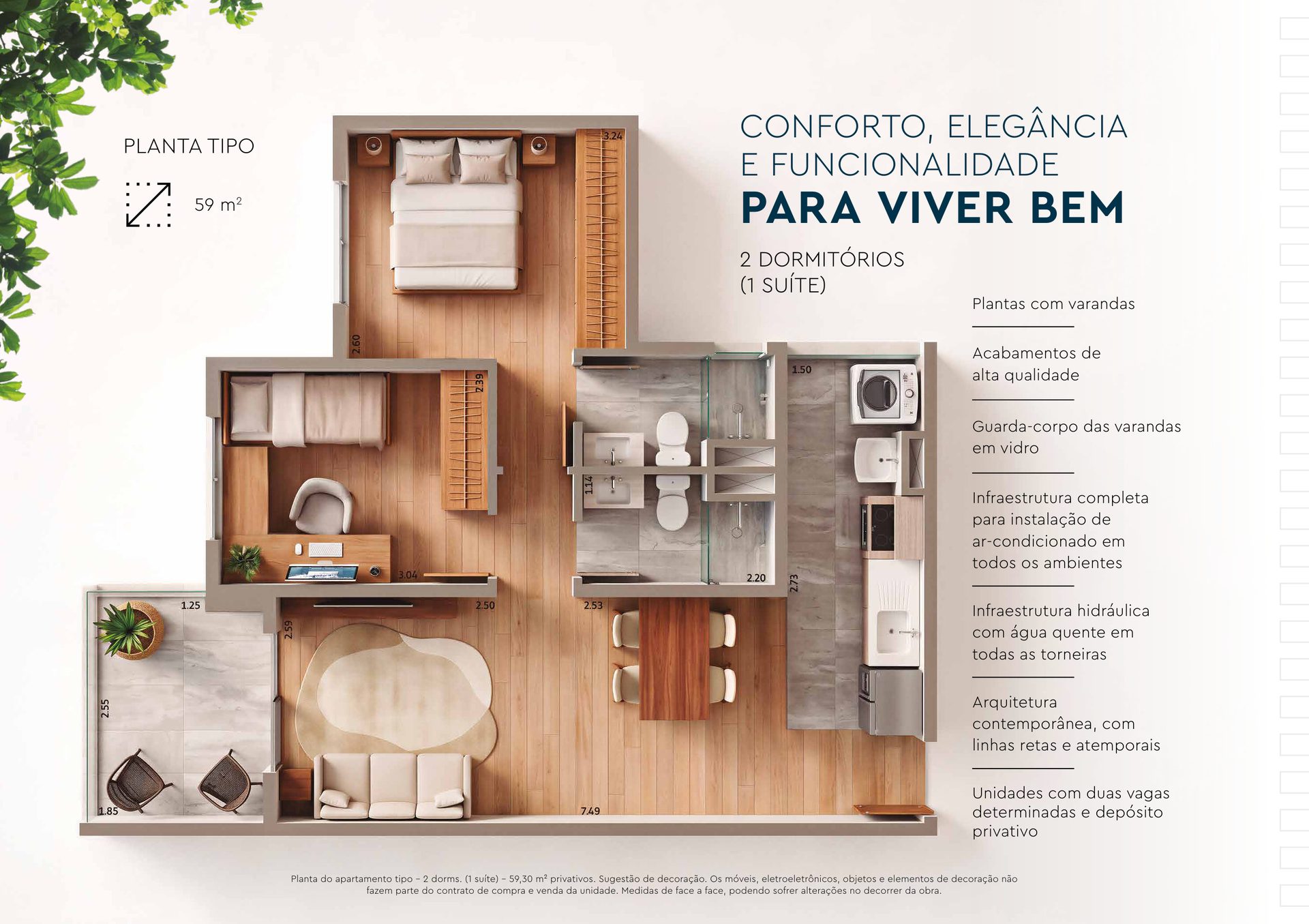 Planta do apartamento tipo do Elysium: 59,30 m² com 2 dormitórios e 1 suíte