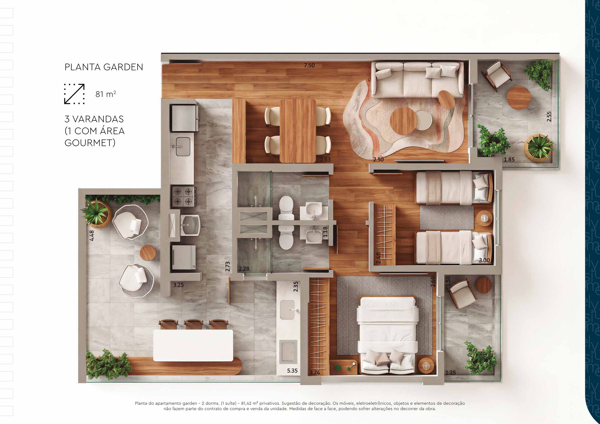 Planta do apartamento garden do Elysium: 81,42 m² com 3 varandas