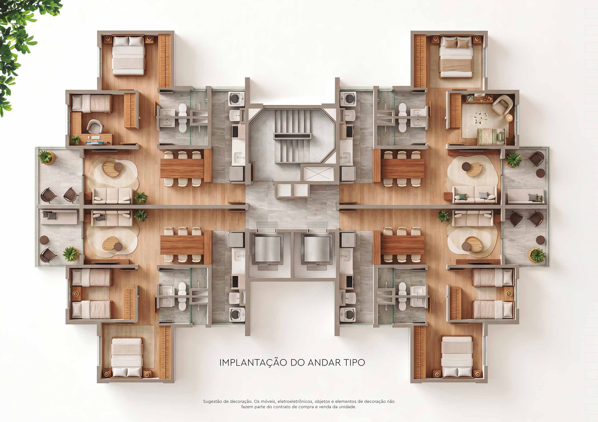 Implantação do andar tipo do Elysium, com 4 apartamentos por andar