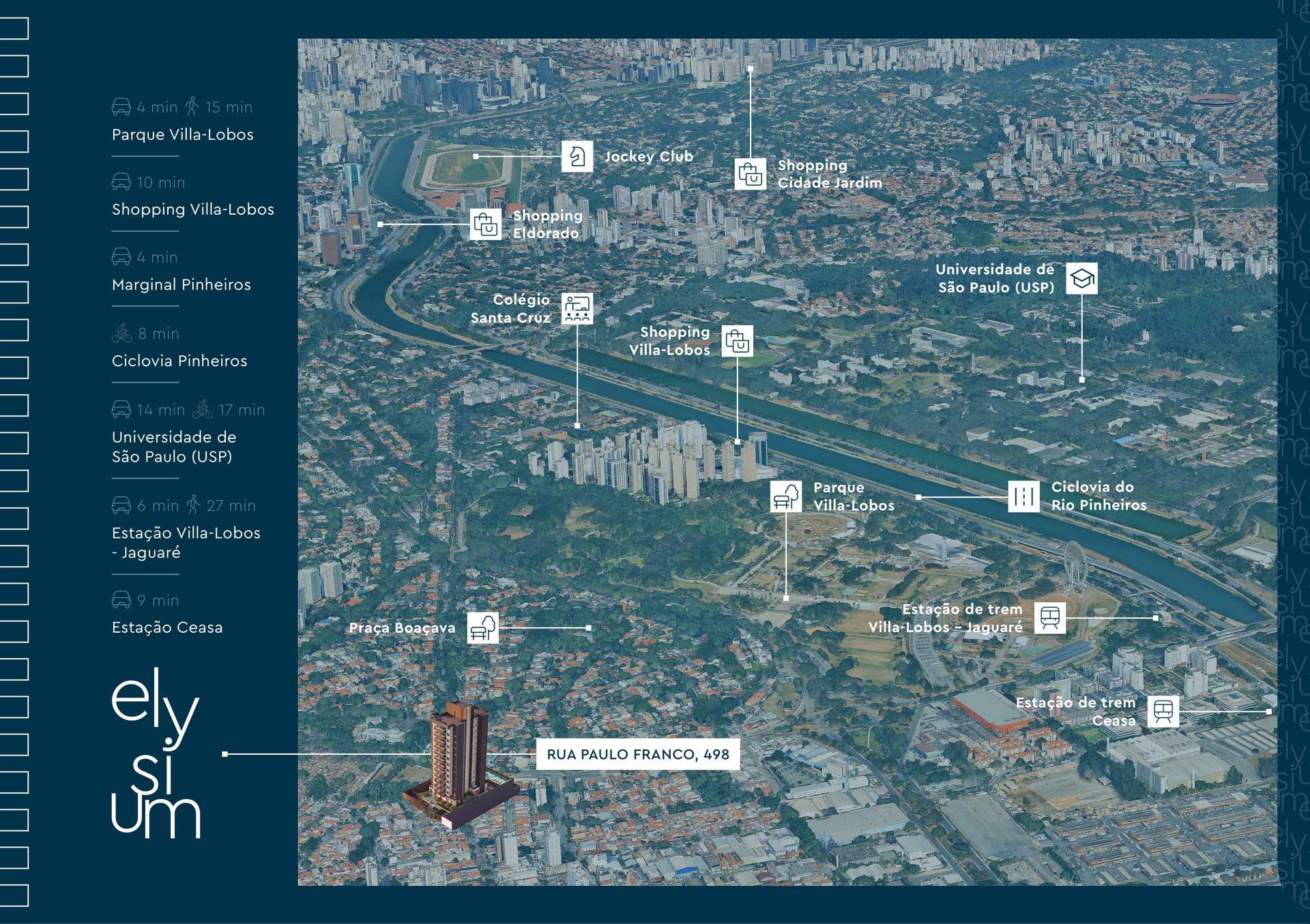 Mapa de localização do Elysium na Vila Leopoldina, com as distâncias