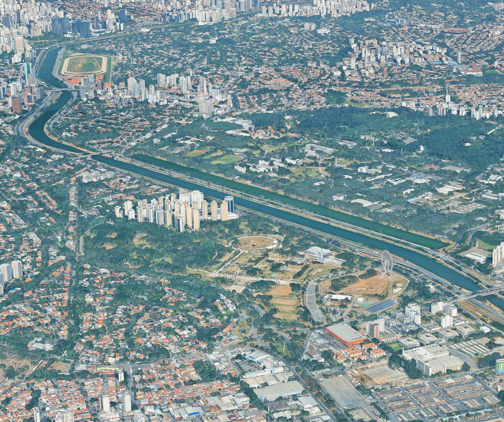 Vista aérea do entorno do Elysium, com o Rio Pinheiros e o Parque Villa-Lobos