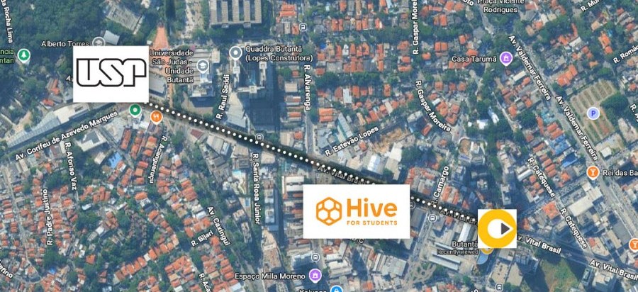 Mapa aéreo mostrando o Hive entre a USP e a Estação Butantã