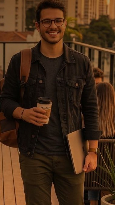 Estudante no rooftop com café e notebook